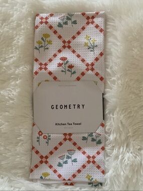 Geometry Floral Kitchen Tea Towel - White with Orange & Green